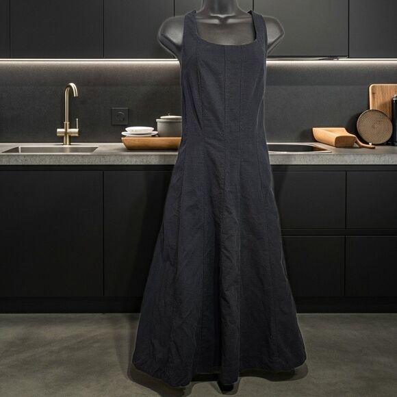 Princess Seamed Black Midi Dress Fitted Sz 14 Pockets Aged Black Goth Trad - Picture 1 of 7